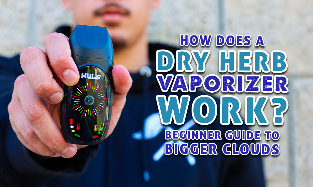 man holding out the Wulf Faze Dry Herb Vaporizer with text