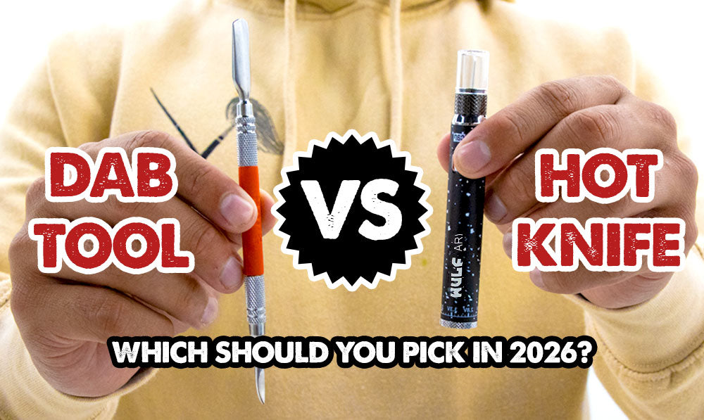 dab tool vs hot knife headline text with man in yellow hoodie holding both up in comparison to each other