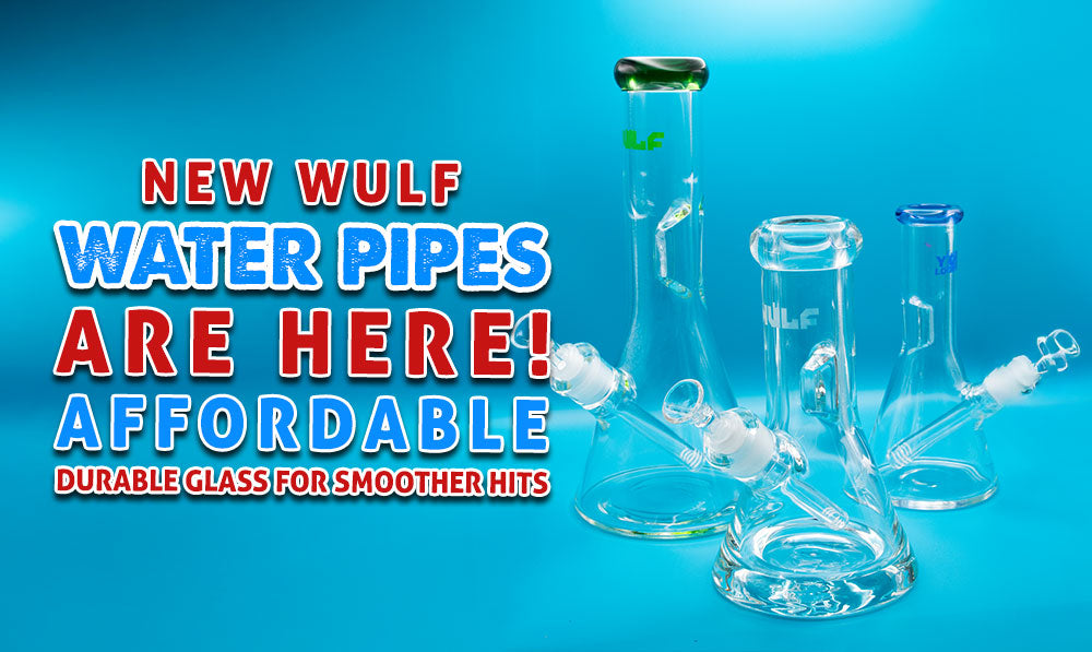 3 different size Wulf Beaker water pipes on blue background with text
