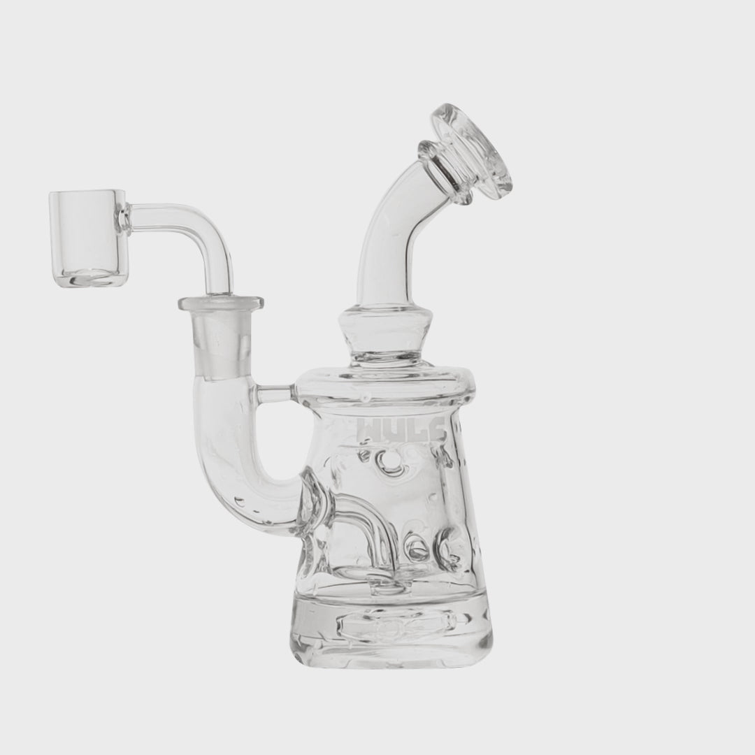 Clear Wulf Mods Torq 14mm Dab Rig with Quartz Banger Front View Bubbling Video on White Background