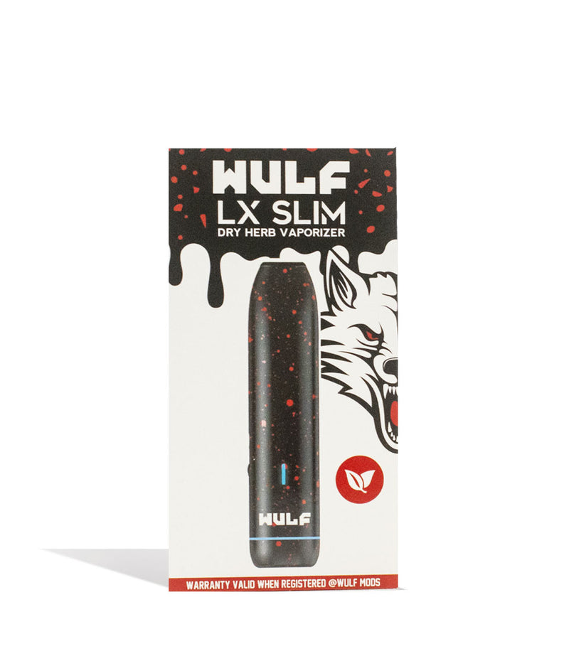 Black Red Spatter Wulf Mods LX Slim Portable Dry Herb Vaporizer Packaging on white background