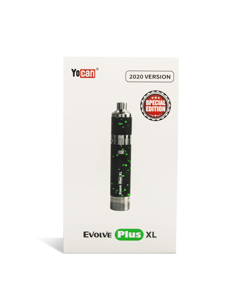Black Green Spatter Wulf Mods Evolve Plus XL Concentrate Vaporizer Packaging Front View on White Background