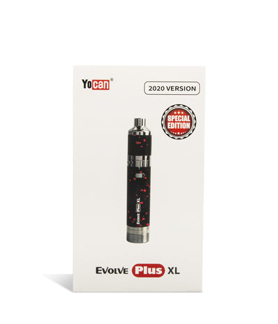 Black Red Spatter Wulf Mods Evolve Plus XL Concentrate Vaporizer Packaging Front View on White Background