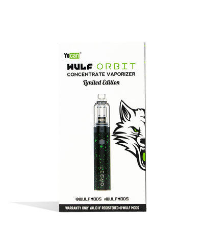 Black Green Spatter front view Wulf Mods Orbit Concentrate Vaporizer Packaging on white studio background