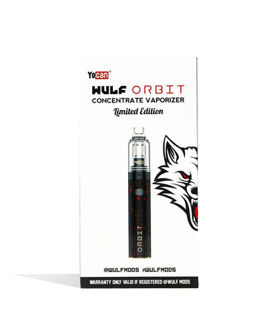 Black Red Spatter front view Wulf Mods Orbit Concentrate Vaporizer Packaging on white studio background
