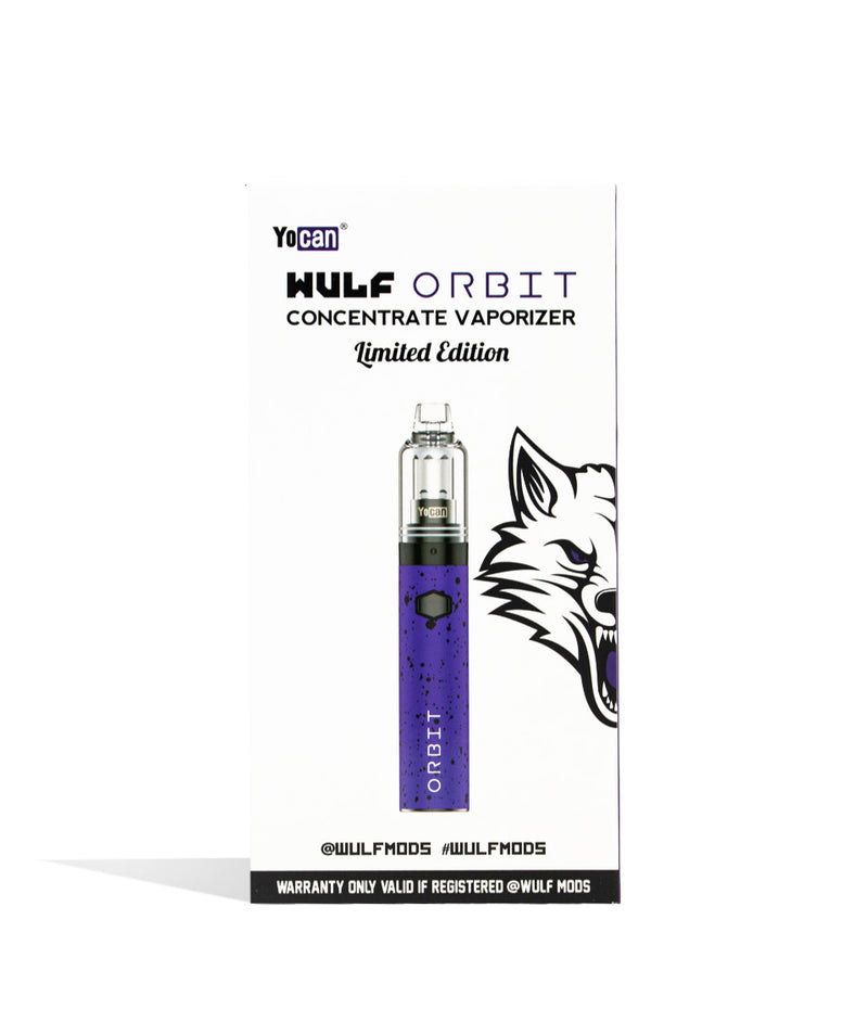 Purple Black Spatter front view Wulf Mods Orbit Concentrate Vaporizer Packaging on white studio background