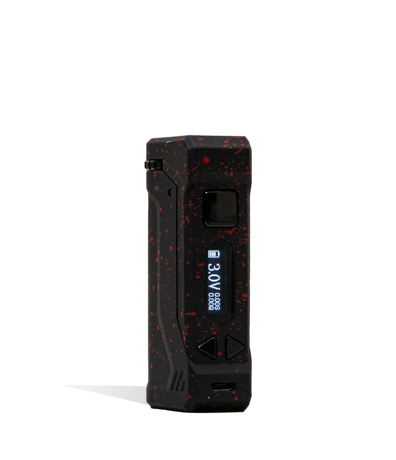 Black Red Spatter Wulf Mods UNI Pro Adjustable Cartridge Vaporizer Front View on White Background