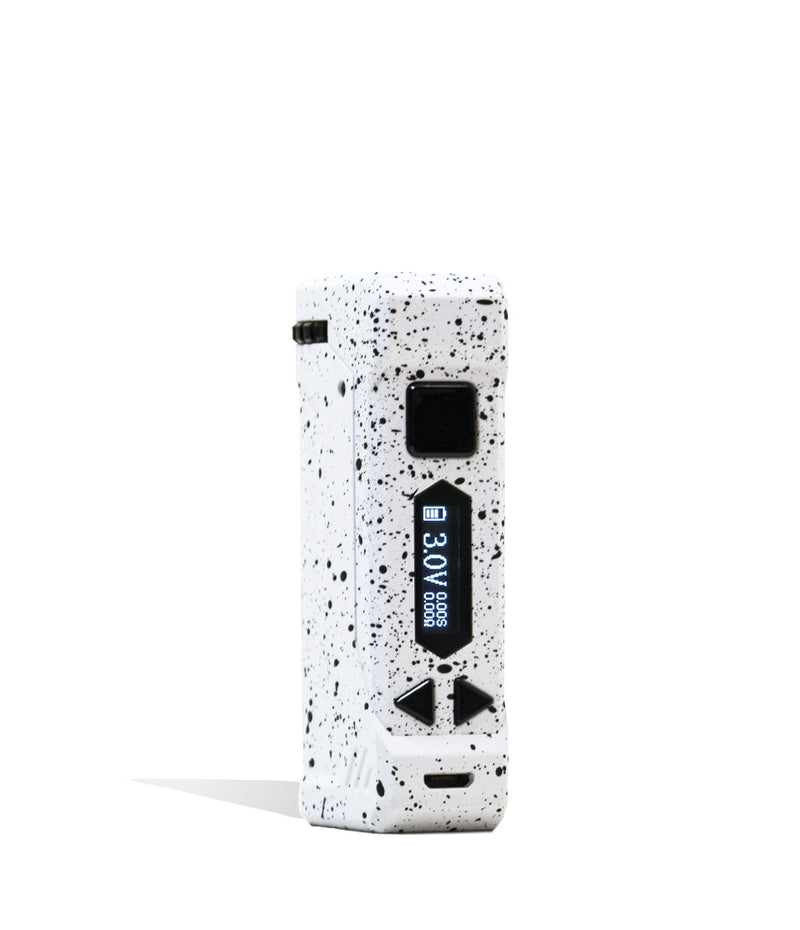 White Black Spatter Wulf Mods UNI Pro Adjustable Cartridge Vaporizer Front View on White Background