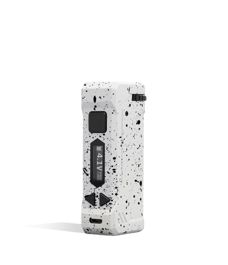 White Black Spatter Wulf Mods UNI Pro Adjustable Cartridge Vaporizer Front 2 View on White Background